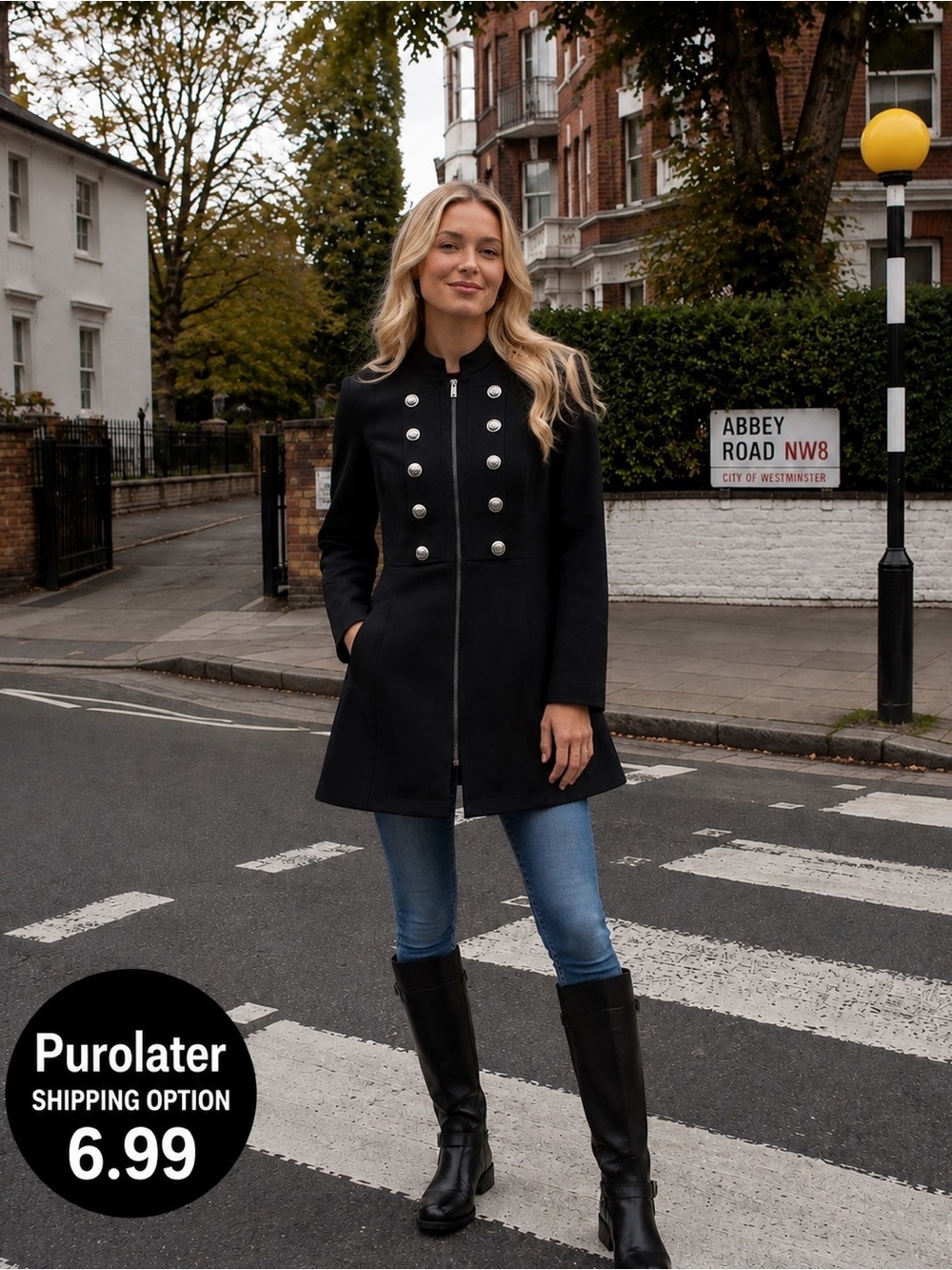 Cleo Black Military-Style Coat  Black with Silver Buttons Fall Weight